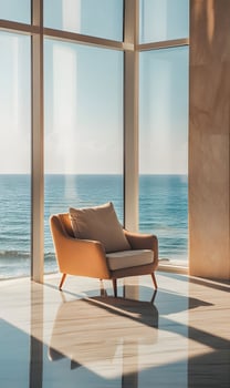 Comfortable armchair with a sea view, relaxing in a luxurious setting by the ocean photo