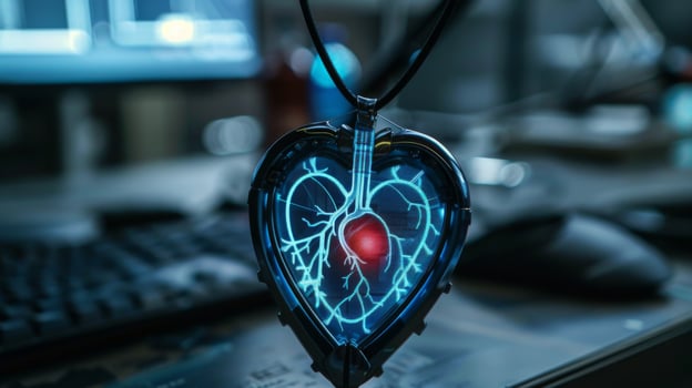 A device designed for mental health therapy displays a glowing heart within a detailed vascular illustration, symbolizing the connection between mindfulness and health technology. photo