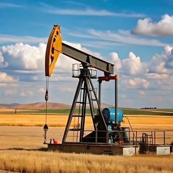 Oil Pump Jack in a Golden Wheat Field under a Blue Sky with Puffy Clouds photo