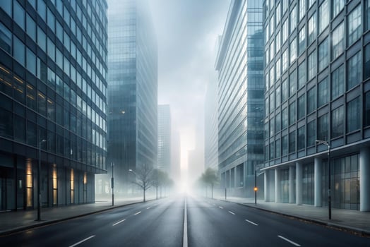 A Foggy City Street Scene with Tall Modern Buildings photo