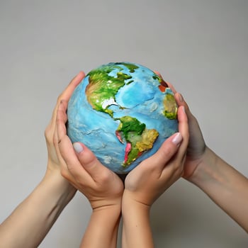 Two pairs of hands gently cradling a small handpainted globe depicting the continents of Earth photo