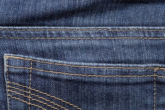 Closeup of blue denim texture with visible stitching and pocket detail for fashion and fabric design. photo