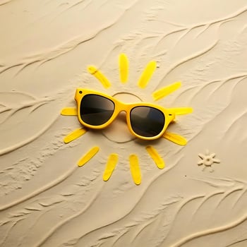Bright Yellow Sunglasses Resting on Beach Sand with a Sun Drawn in the Sand photo