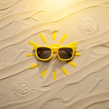 Yellow Sunglasses on Sandy Beach Forming a Summer Sun Design photo