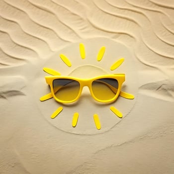 Yellow Sunglasses Resting on Sandy Beach Forming a Sun photo
