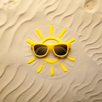 Yellow Sunglasses on Sandy Beach Forming a Summer Sun photo