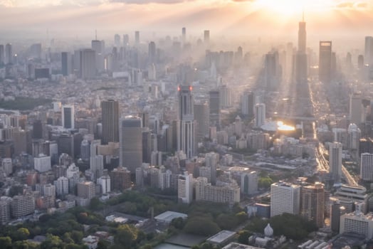 The sun shines brightly over a city skyline photo