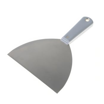 Stainless steel putty knife with green handle isolated on white background photo