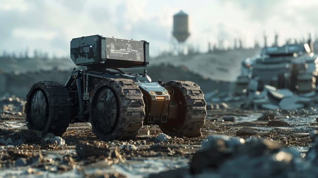 A futuristic robotic exploration vehicle with rugged tires navigates a barren terrain marked by rocky debris and a distant water tower at twilight. photo