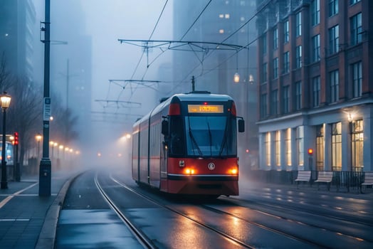 A Modern Red Tram on a Foggy City Street at Dawn photo