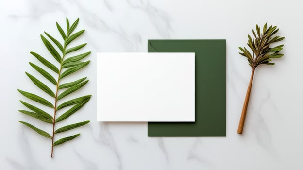 A white card with a green border sits on a table with a leaf and a green stem photo