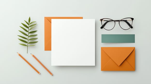 A white card with a pair of glasses and a pair of pencils on it photo