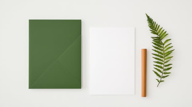 A green envelope sits on a white background with a leaf and a wooden pencil photo