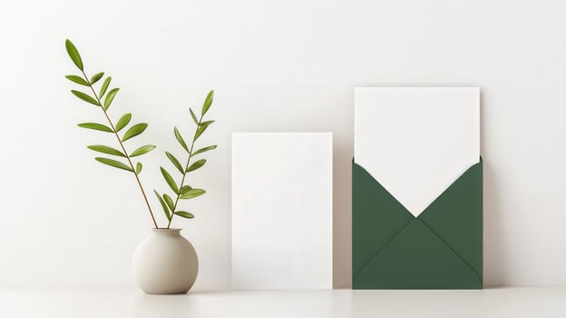 A white envelope sits on a table next to a vase with a green leaf in it photo