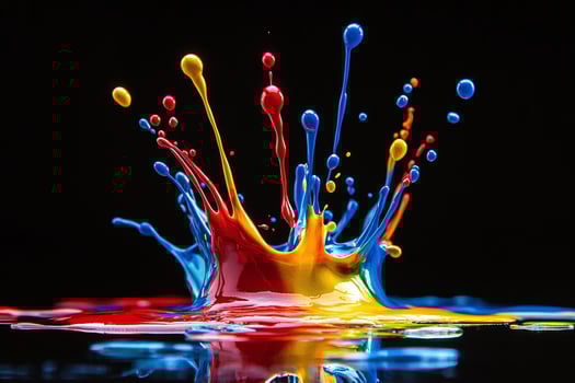 Vibrant Red Yellow Blue Paint Splashes in Midair Against Black Background Reflecting on Surface photo