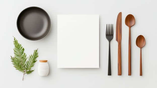 A white plate, fork, knife, and spoon are arranged on a table photo