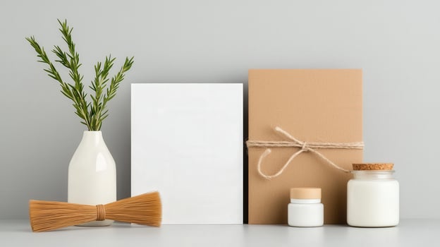 A white box with a brown ribbon tied around it sits on a table next to a vase of photo