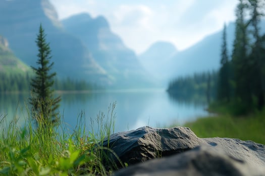 Serene Mountain Lake with Rocky Foreground and Pine Trees Under Bright Sky in Misty Morning Light photo