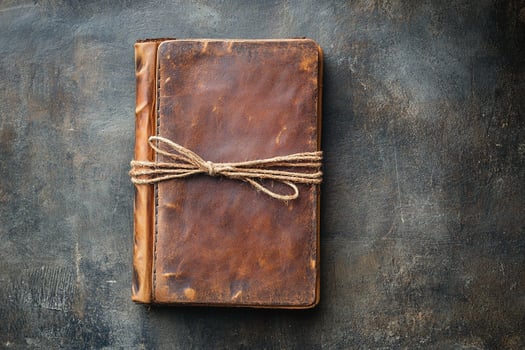 Vintage Brown Leather Journal with Rope Tie on Rustic Textured Dark Background for Writing and Notes photo