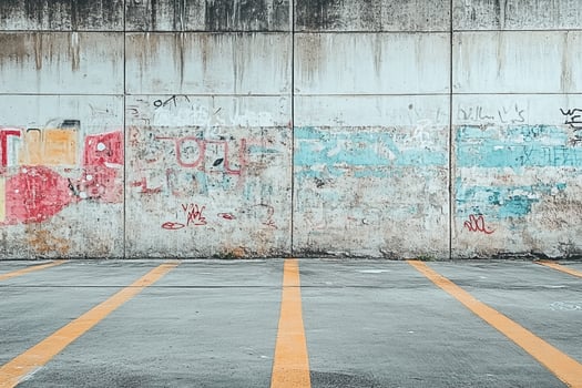 Urban Graffiti Concrete Wall With Faded Paint And Yellow Parking Lines In Empty Outdoor Lot photo