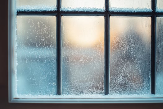 Frosted Glass Window Pane With Snowy Details And Warm Sunset Glow In The Background During Winter photo