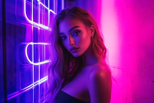 Glamorous Woman in Neon Lighting with Vibrant Pink and Purple Glow Against Urban Background photo