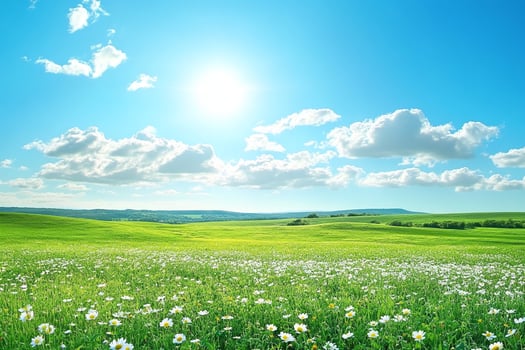 Sunny Meadow with Daisies and Green Rolling Hills Under Bright Blue Sky with White Clouds photo