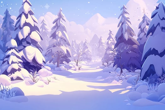 Serene Snow Covered Forest Path Under Clear Blue Sky Surrounded by Snow Laden Pine Trees in Winter Landscape photo