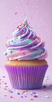 Vibrant Pastel Swirl Frosted Cupcake with Sprinkles on Light Pink Background for Celebration photo