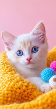 Adorable White Kitten With Blue Eyes Nestled in Yellow Knitted Blanket on Pink Background photo