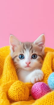 Adorable White And Brown Kitten Wrapped In Yellow Knit Blanket On Pink Background With Colorful Yarn Balls photo