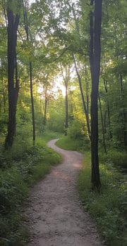 Serene Forest Pathway Surrounded by Green Trees in Natural Sunlight During Summer Morning photo
