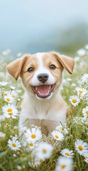 Adorable Happy Puppy Sitting in Daisy Flower Field on Bright Summer Day with Green Background photo
