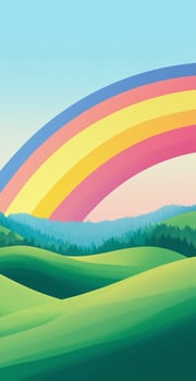 Vibrant Rainbow Arching Over Rolling Green Hills with Forest and Clear Blue Sky in Summer Landscape photo