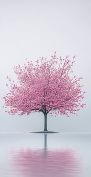 Pink Cherry Blossom Tree in Full Bloom Reflecting Over Calm Water With Soft Gray Sky photo