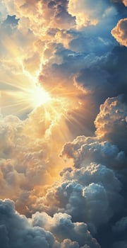 Dramatic Sky With Golden Sun Rays Shining Through Fluffy Clouds During Sunset Or Sunrise photo