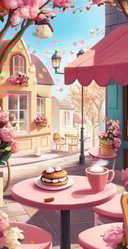 Charming Outdoor Cafe Scene with Coffee Pastries Pink Decor Flowers Cobblestone Street Bright Sky photo