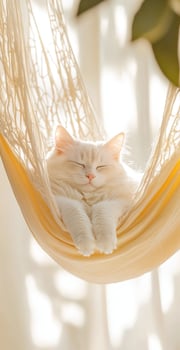 Fluffy White Cat Relaxing on Cozy Yellow Hammock in Bright Sunlit Room photo