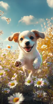 Happy Playful Puppy Running Through Daisy Field Under Blue Sky on Sunny Day Joyful Pet Outdoor Scene photo