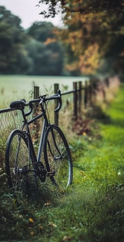 Black Road Bike Leaning Against Fence in Green Grassy Countryside with Trees and Soft Focus Background photo