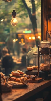 Rustic Cafe Counter with Fresh Pastries Under Warm Lighting in Cozy Urban Outdoor Setting photo