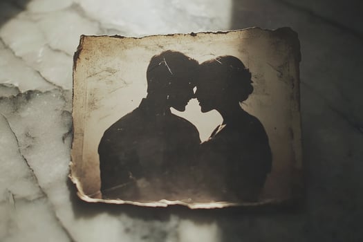 Vintage Silhouette of Romantic Couple on Aged Paper with Stone Background photo