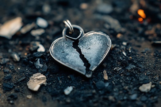 Broken Metallic Heart Pendant on Dark Burnt Charcoal Background Symbolizing Heartbreak and Sadness photo