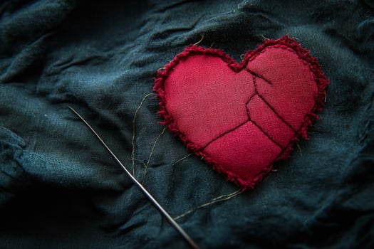 Red Fabric Heart with Stitching and Needle on Dark Textured Background for Creative Concepts photo