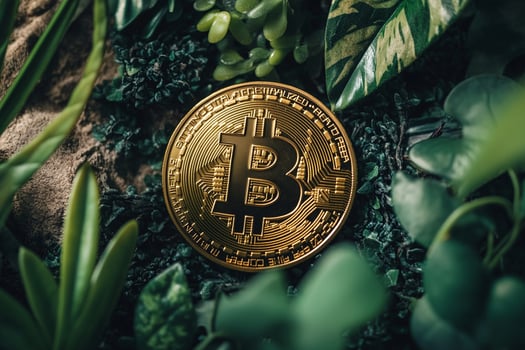 Golden Bitcoin Cryptocurrency Coin Among Lush Green Leaves and Natural Plant Backdrop photo