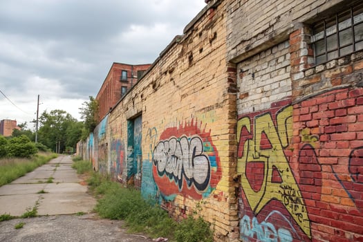 Graffiti on brick wall in an alley photo