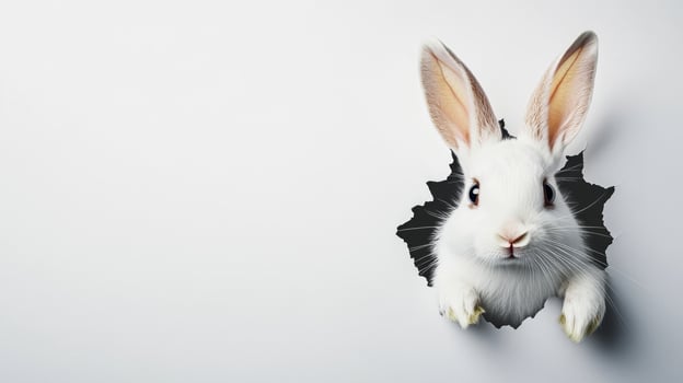A cheerful bunny with soft white fur peeks through a torn wall, adding a whimsical touch to Easter celebrations. The context suggests a playful spirit associated with the holiday. photo