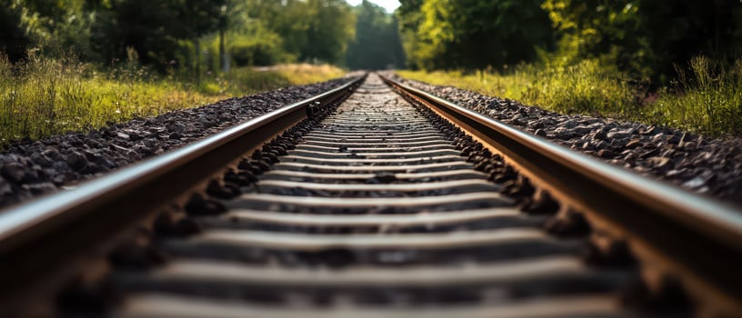 A railroad track is shown in the distance photo