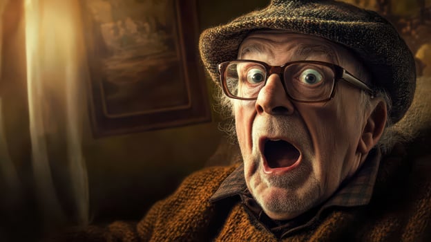 An old man with glasses and a hat is looking surprised photo