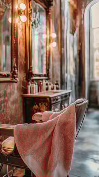Microfiber towel draped over chair in vintage barber shop setting photo